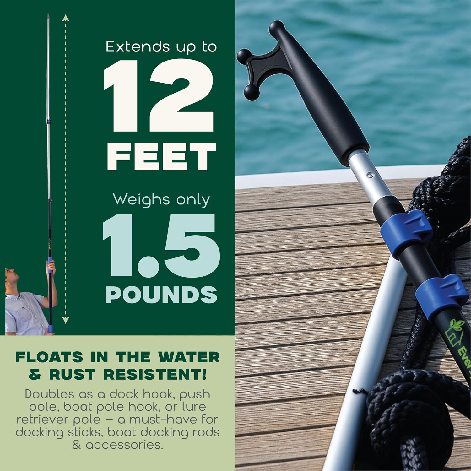 EVERSPROUT Telescoping Boat Hook | Floats, Scratch-Resistant, Sturdy Design | Durable & Lightweight, 3-Stage Anodized Aluminum Pole | Threaded End for Boating Accessories - Image 7