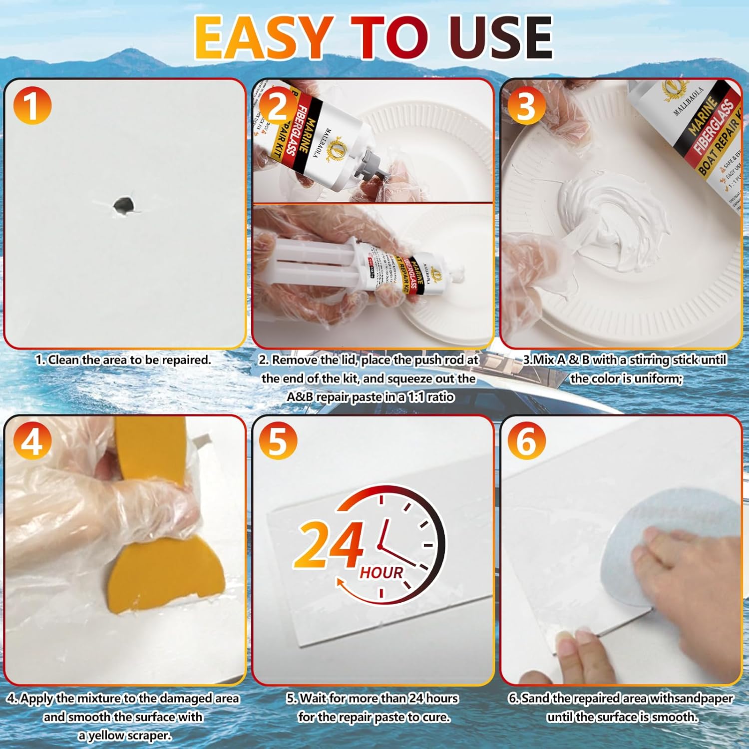 Marine Fiberglass Repair Kit for Boats, Gel Coat Repair Kit for Boats, Epoxy Filler for Fiberglass Boats Fix Holes, Chips and Deep Cracks, Gelcoat repair kit for Fiberglass, Acrylic, Porcelain(White) - Image 5