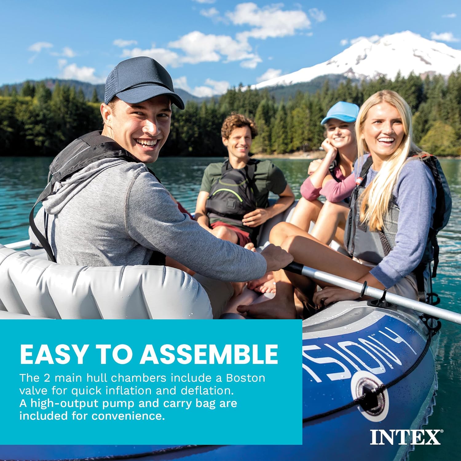 Intex 68324EP Excursion 4 Inflatable Boat Set: Includes Deluxe 54in Boat Oars and High-Output Pump – Adjustable Seats with Backrest – Fishing Rod Holders – 4-Person – 1100lb Weight Capacity - Image 6