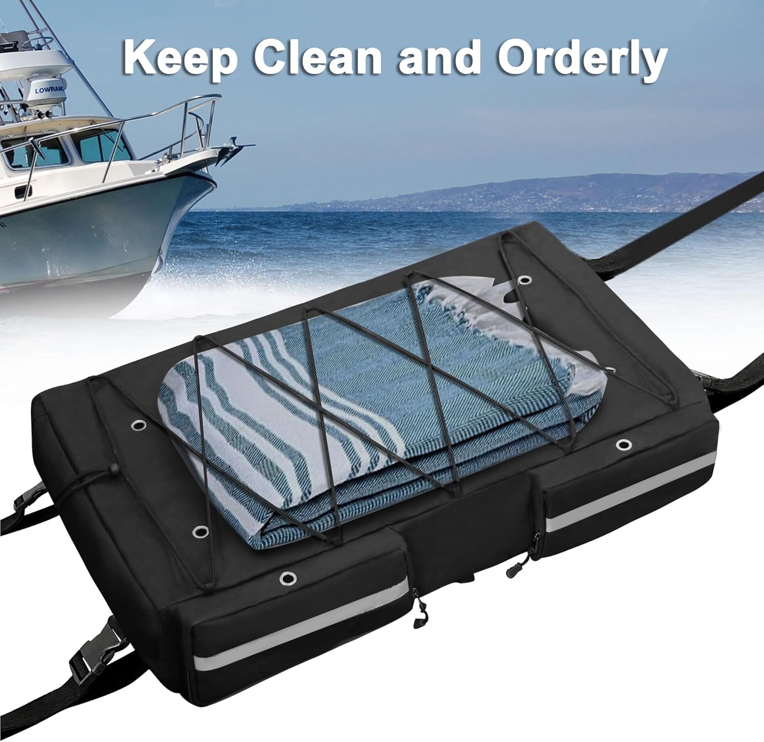 MDSTOP T-Top Storage Bag, Boat Life Jackets Bag Can Secure 4 Fishing Rods, Hold 4-6 Type II Life Jackets, for Most T-Top Hard Tops, Bimini-Tops, Pontoon Tops(Life Jackets not Included) - Image 4
