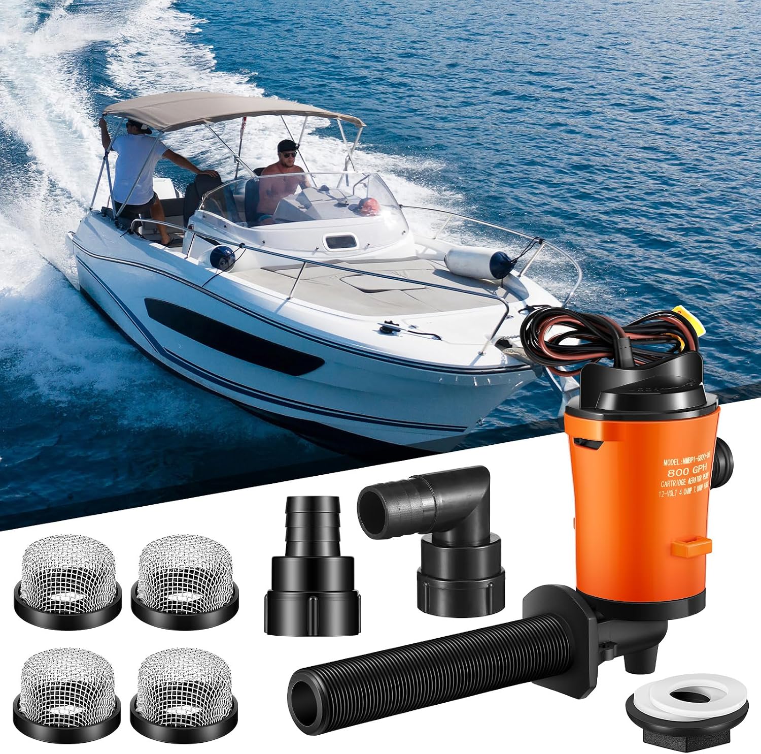 Retisee 12V 800GPH Livewell Pump Kit for Boat Aerator Pump with 4 3/4'' Stainless Steel Mesh Strainer Marine Baitwell Replacement for Fishing Tank Submersible Cartridge Aerator Boat Marine Yacht - Image 6