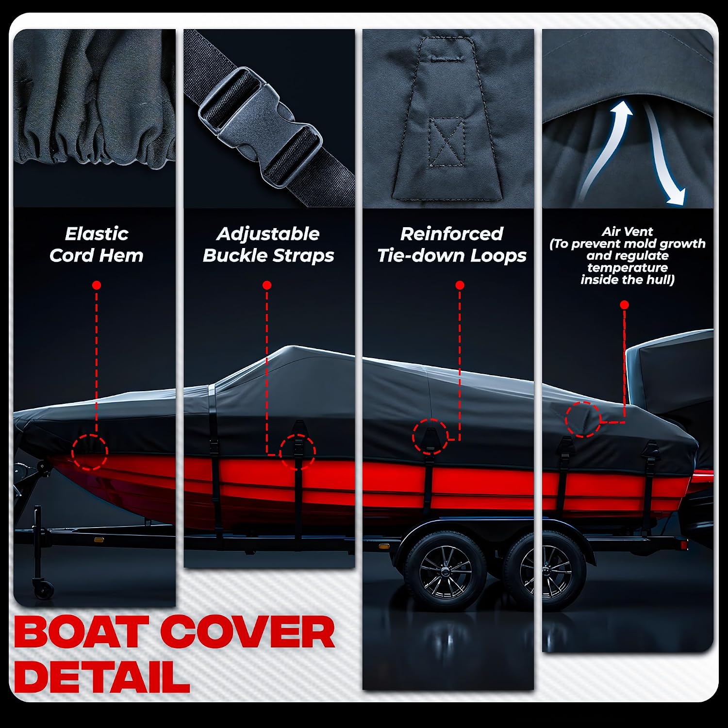 FOCEAN 1200D Boat Covers 15-17ft, Waterproof Heavy Duty Marine Tarp Black Cover, Fits Bass, V-Hull, Tri-Hull, Runabout & Fish Ski Boats with Storage Bag - Image 2
