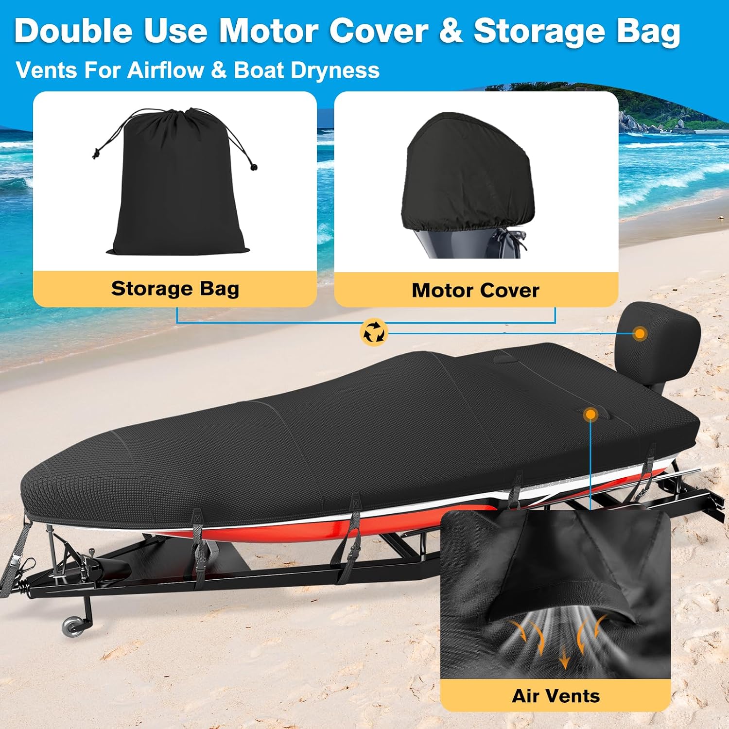 1200D Boat Cover 16-18.5ft with Motor Cover,Fit Bass,V-Hull,Black | Double thickened Corner,Fit V-Hull,Tri-Hull,Fish & Ski,Runabout Bowrider Boats,Waterproof, Heavy Duty,Hurricane Proof System - Image 5