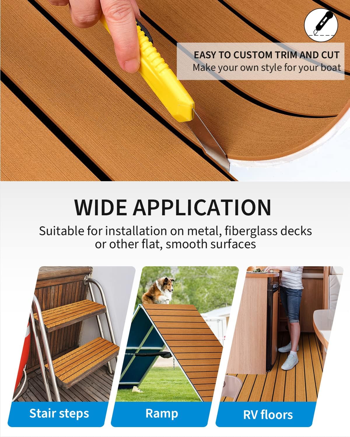 OCEANBROAD EVA Foam Boat Flooring with 3M Adhesive Backing Marine Self-Adhesive Decking 96''x45.6''/36''/28.8''/16.8'', 48''x16.8'' Faux Teak Sheet for Jon Boats Swim Platform Helm Pad RV Floor | Double-layer, Non-Slip, 6 mm Thick Eva Foam, Multiple Sizes and Colors, Easy to Install, For Marine Decking - Image 5