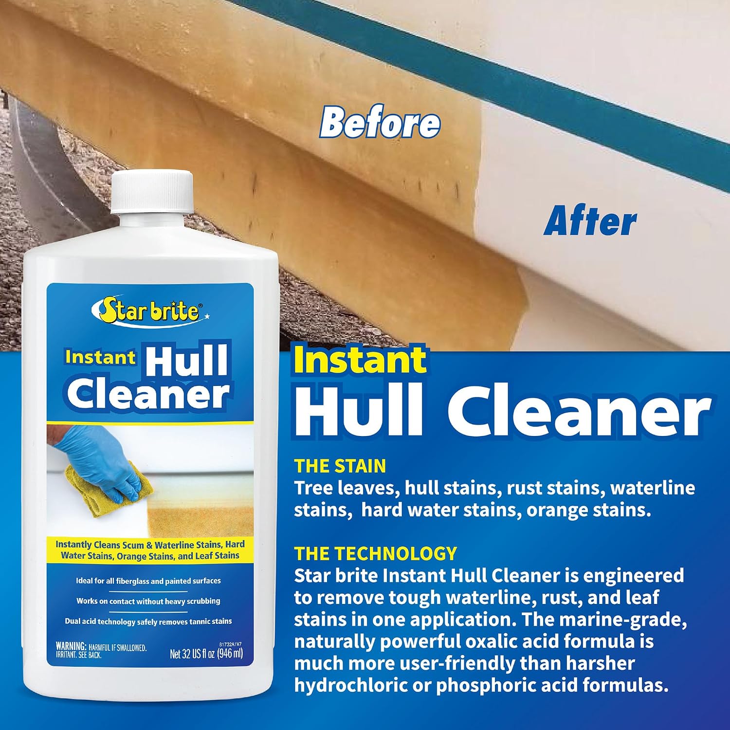 STAR BRITE Instant Hull Cleaner - Easily Remove Stains, Scum Lines & Grime for Boat Hulls, Fiberglass, Plastic & Painted Surfaces - Wipe On, Rinse Off Formula 32 Ounces (081732) - Image 4