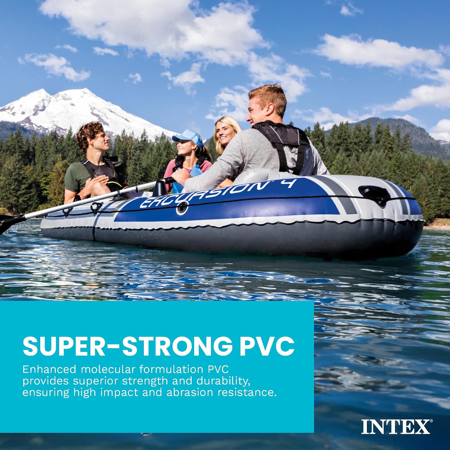 Intex 68324EP Excursion 4 Inflatable Boat Set: Includes Deluxe 54in Boat Oars and High-Output Pump – Adjustable Seats with Backrest – Fishing Rod Holders – 4-Person – 1100lb Weight Capacity - Image 4