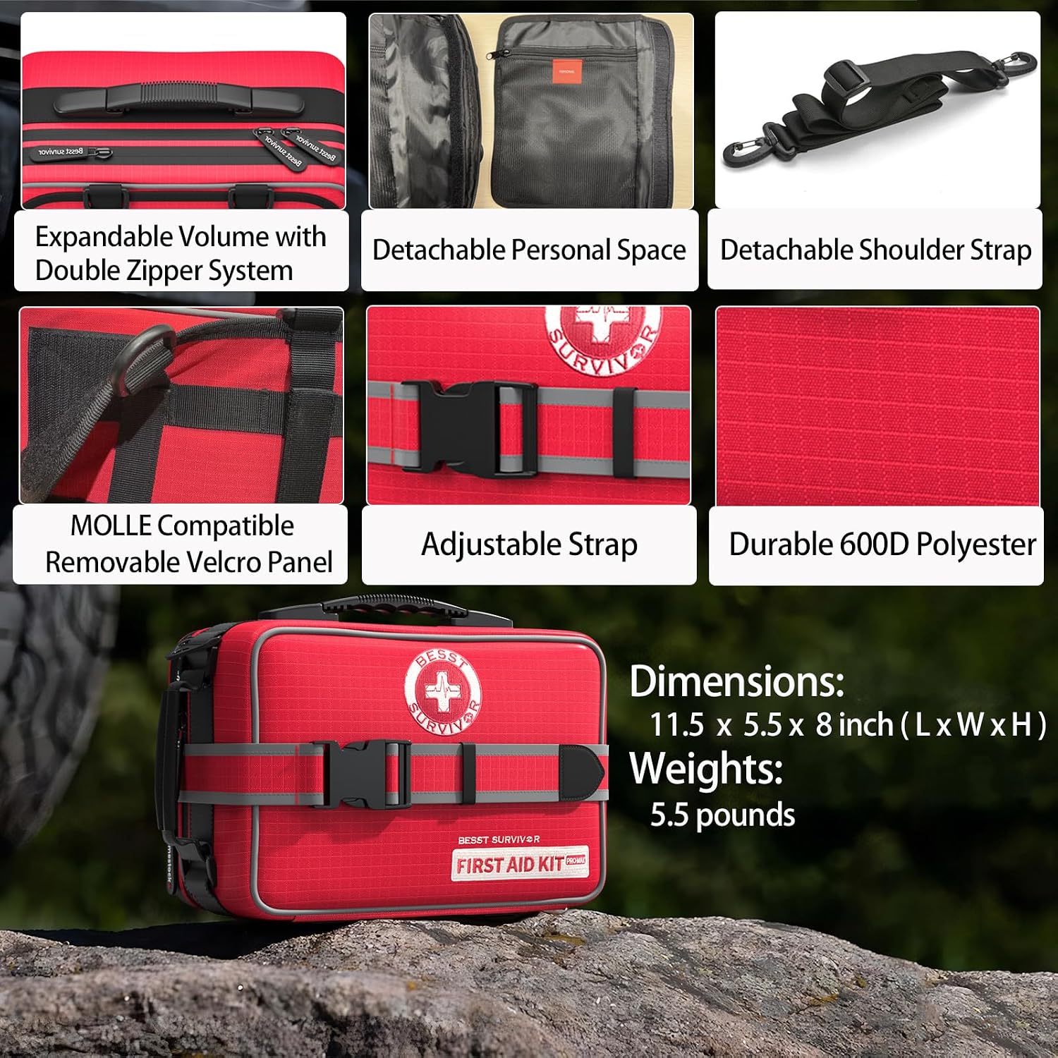 Besst Survivor 401 Pieces First Aid Kit with 2 Chest Seals & Israeli Bandage -Waterproof, Expandable Trauma Bag for Home, Car, Camping, Outdoor Emergency (Labeled Compartments, MOLLE Mountable) - Image 4