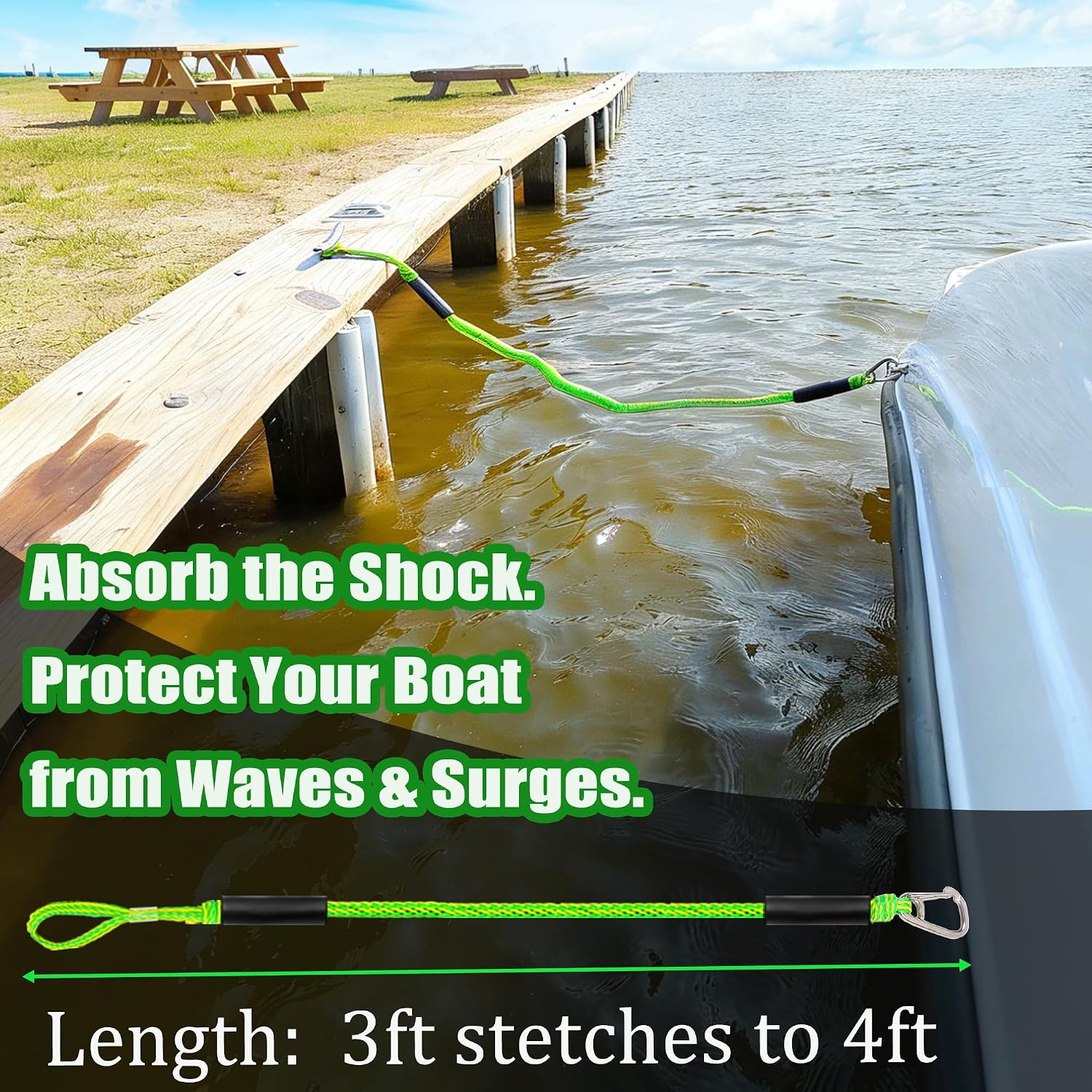 Boat Dock Lines - 3ft Mooring Ropes with Clip, Boating Docking Ties, Boat Accessories for SeaDoo/Waverunner, Kayak, Pontoon, Dinghy & Small Boats(2-Pack) (Green&Yellow) - Image 2