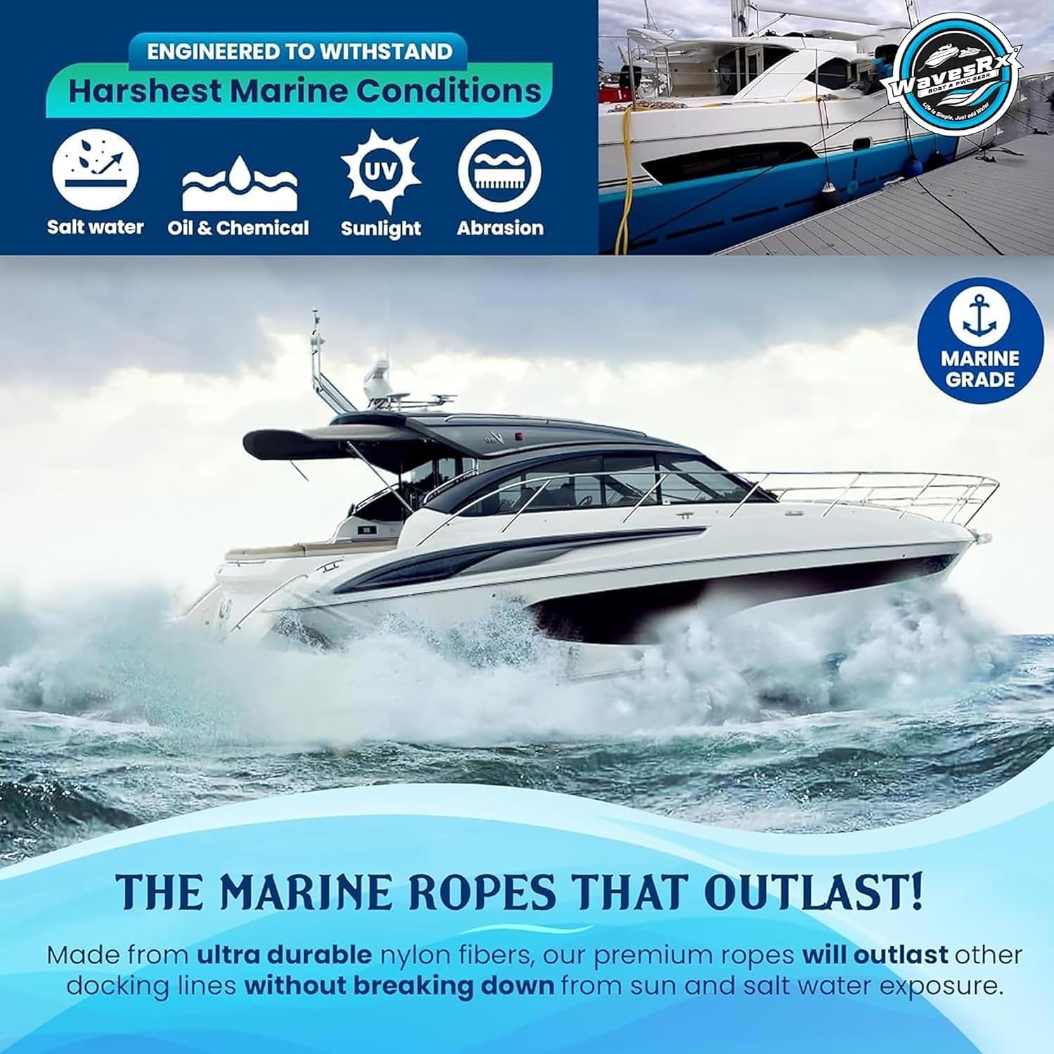 Premium Nylon Boat Dock Lines & Ropes for Docking 3/8'' x 15' | Double Braided Marine Rope & Mooring Line| Boat Ropes for Docking with Loop | UV & Saltwater Resistant Dock Ropes for Boats & Pontoons - Image 3