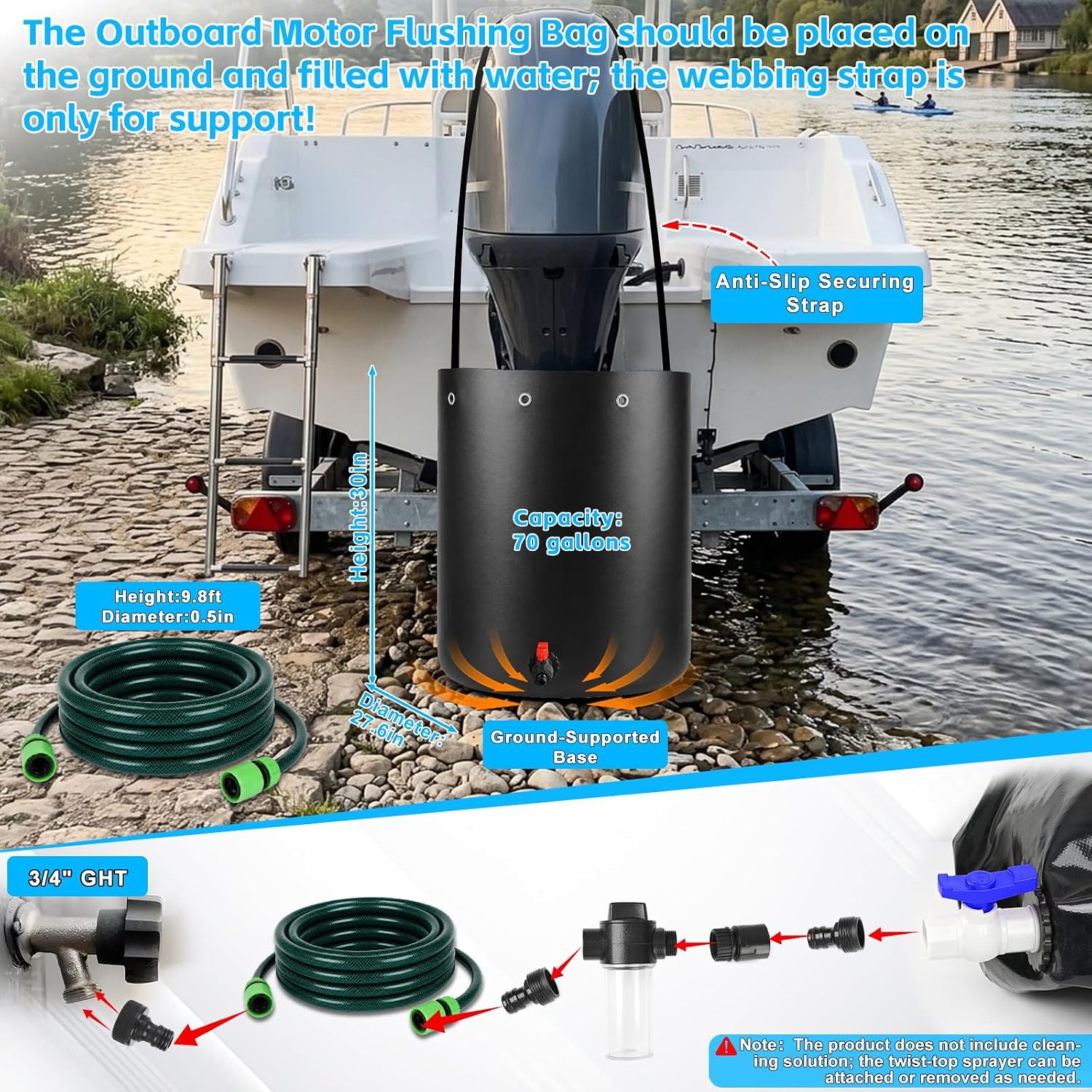 70 Gallon Outboard Motor Flushing Bag with Salt-Removing Mixer & Oil Absorbent Sock, Heavy Duty Boat Engine Flush Kit for Yamaha, Mercury, Suzuki Motors up to 350HP - Image 2