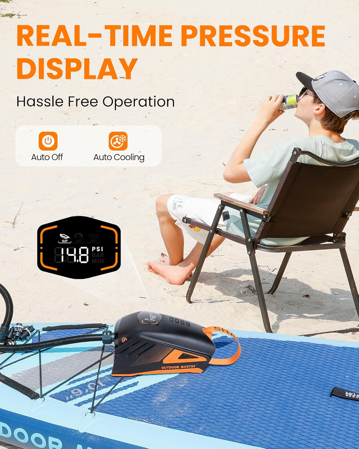 OutdoorMaster Shark 3 Paddle Board Pump Electric - 3'50" Fast Inflation, 20PSI 74Wh Rechargeable SUP Air Pump- Auto-Off & Deflation, 12V/15.8V DC & Type-C Input, 8 Nozzles for Inflatables, Boats,Kites - Image 6
