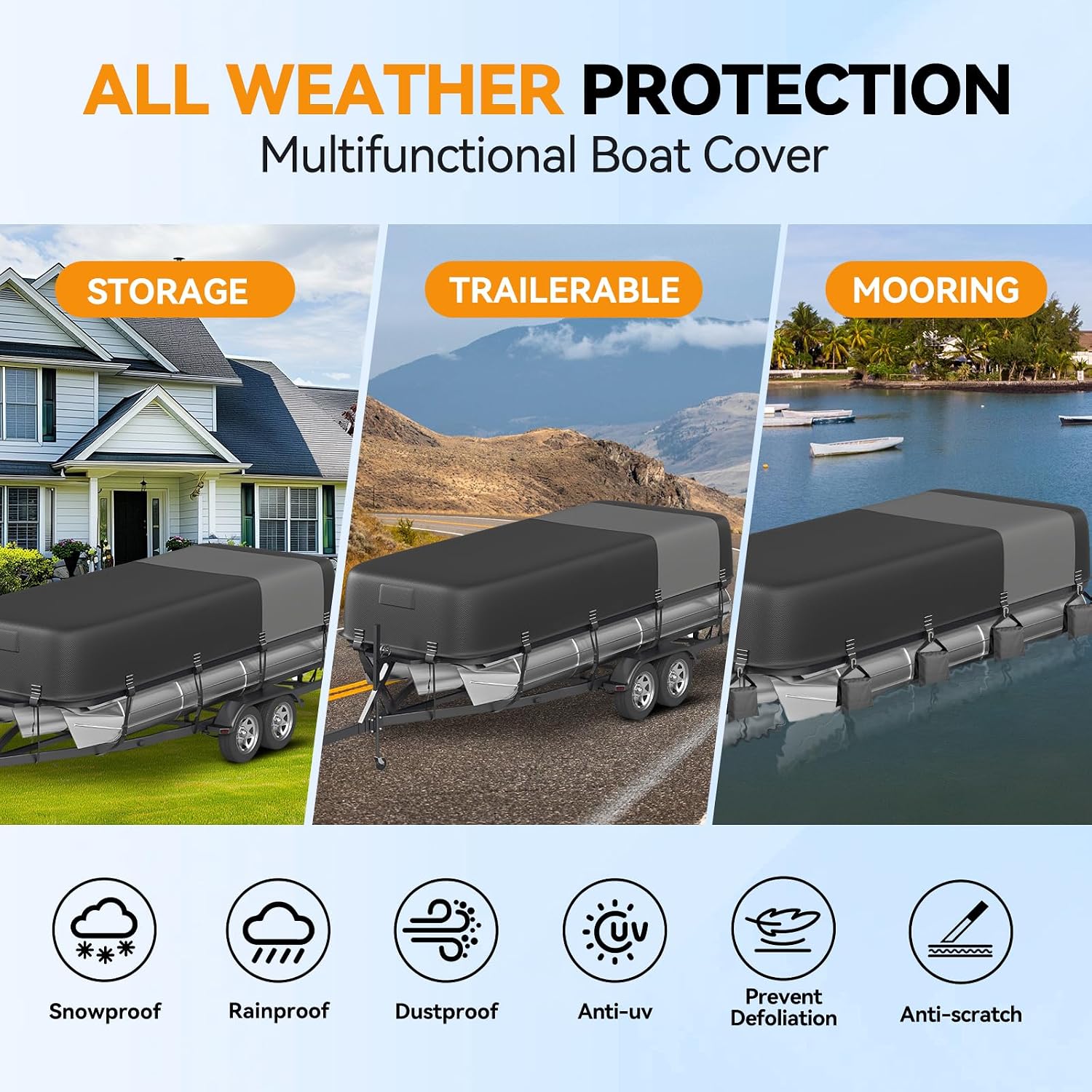 5-Ply 1600D+1200D Pontoon Boat Cover - Fully Waterproof & Ultra-Durable Tear-Resistant, with Large Storage Bag & Reinforced Windproof Straps (Fits 17'-20' Length,102" Width) - Image 8