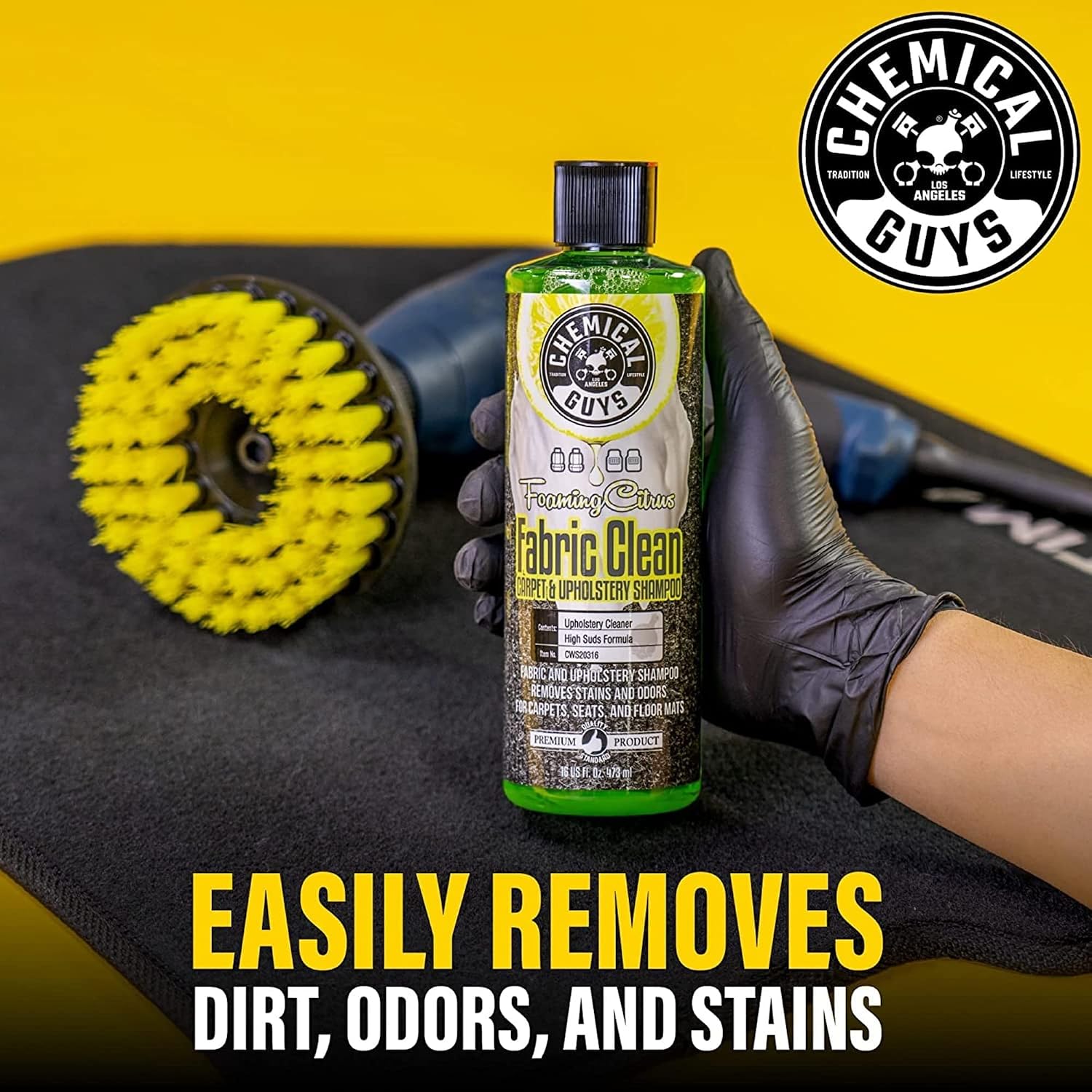 Chemical Guys Foaming Citrus Fabric Clean Drill Brush Kit - High Foaming Stain and Odor Remover, Upholstery, Floor Mat & Car Carpet Cleaner, Deep Cleans & Deodorizes, Citrus Scent - 16 fl oz - Image 3