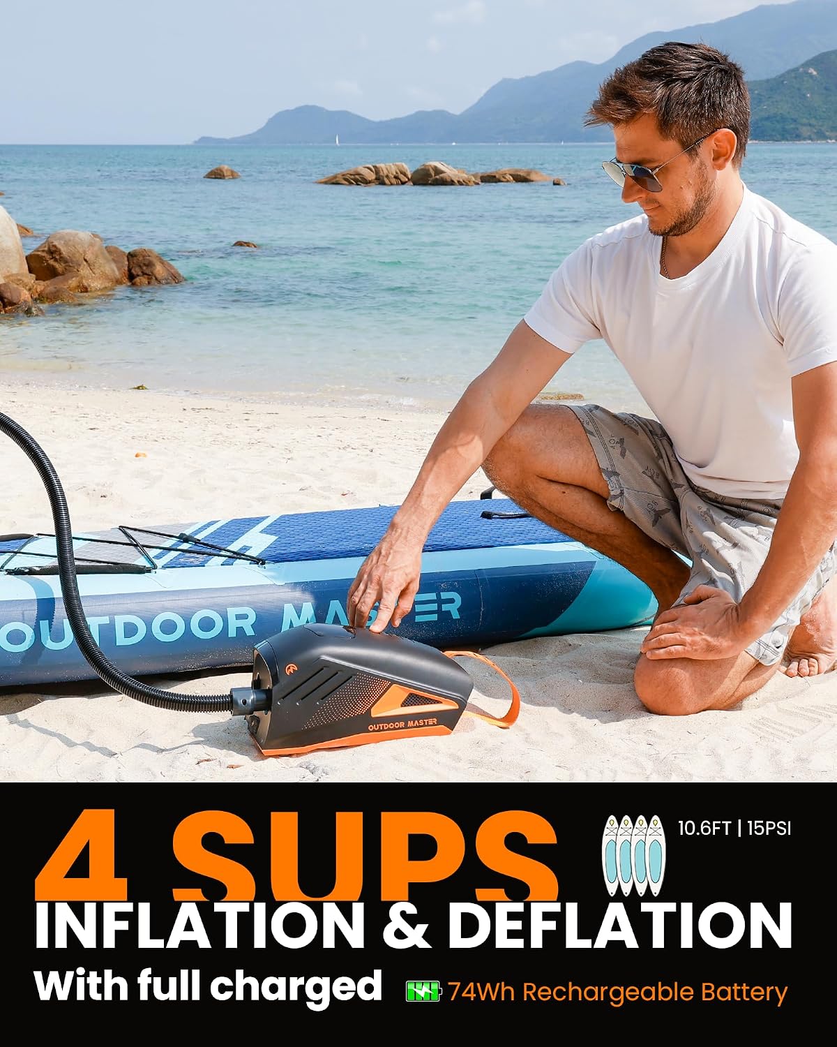 OutdoorMaster Shark 3 Paddle Board Pump Electric - 3'50" Fast Inflation, 20PSI 74Wh Rechargeable SUP Air Pump- Auto-Off & Deflation, 12V/15.8V DC & Type-C Input, 8 Nozzles for Inflatables, Boats,Kites - Image 4