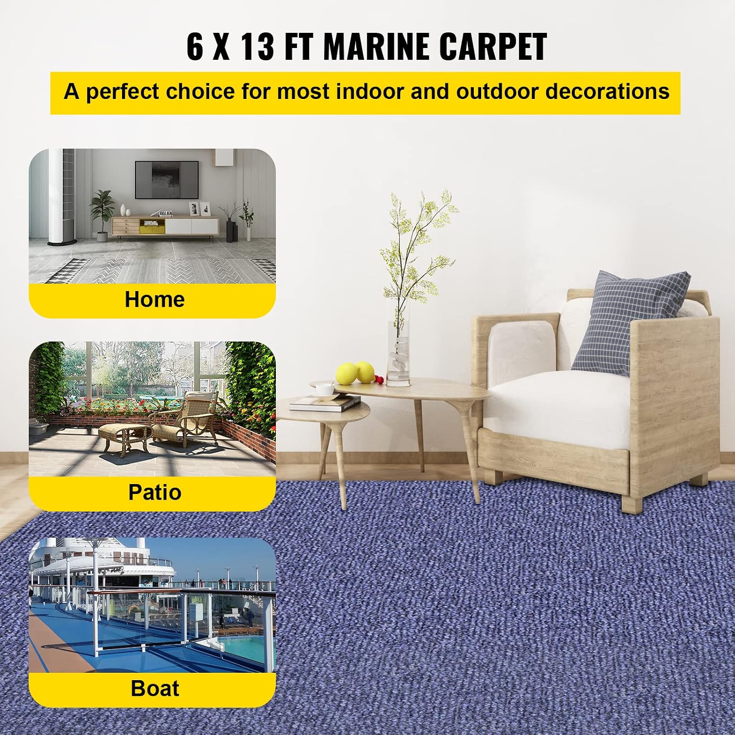 Happybuy 6 ft x 13 ft Deep Blue Marine Carpet for Boats Waterproof - 0.18" Thick Indoor Outdoor Rug Carpet Roll for Home Patio Porch Deck - Image 3