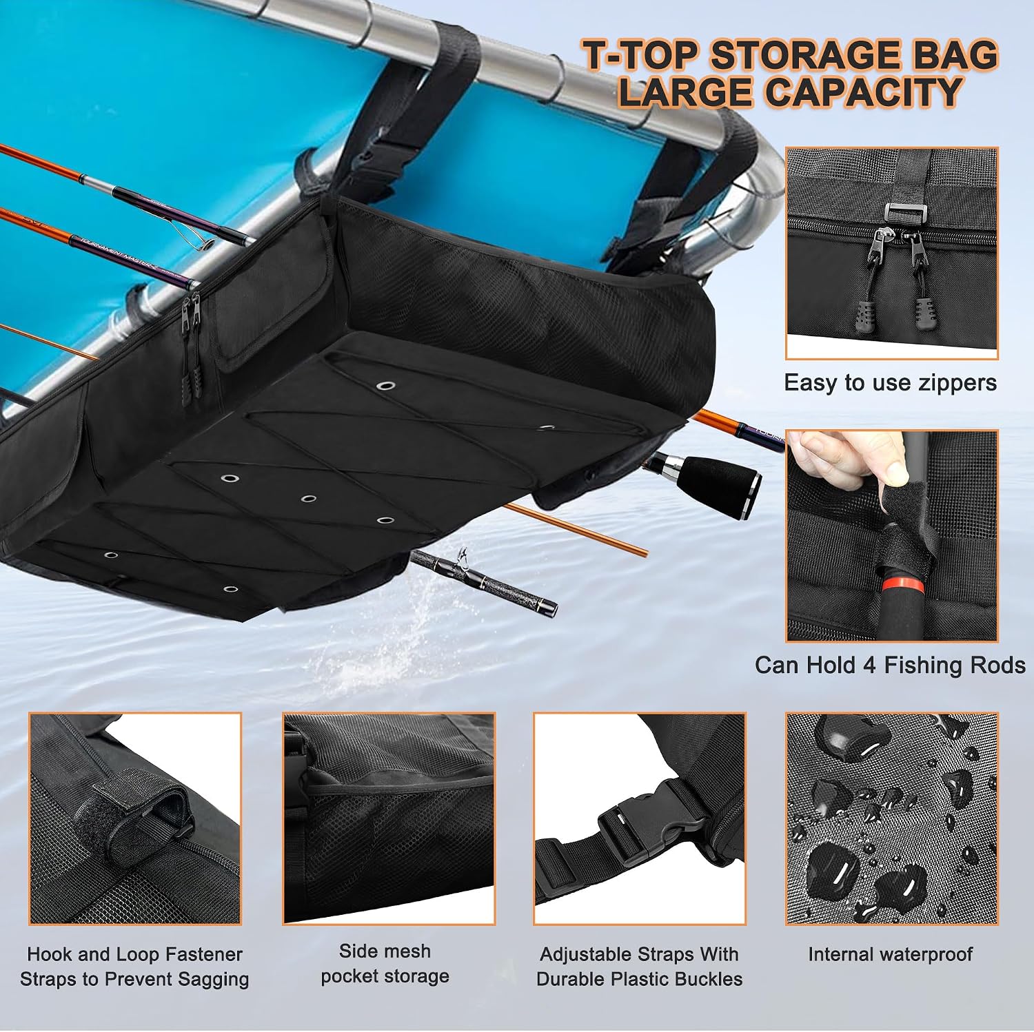 MDSTOP T-Top Storage Bag, Boat Life Jackets Bag Can Secure 4 Fishing Rods, Hold 4-6 Type II Life Jackets, for Most T-Top Hard Tops, Bimini-Tops, Pontoon Tops(Life Jackets not Included) - Image 3