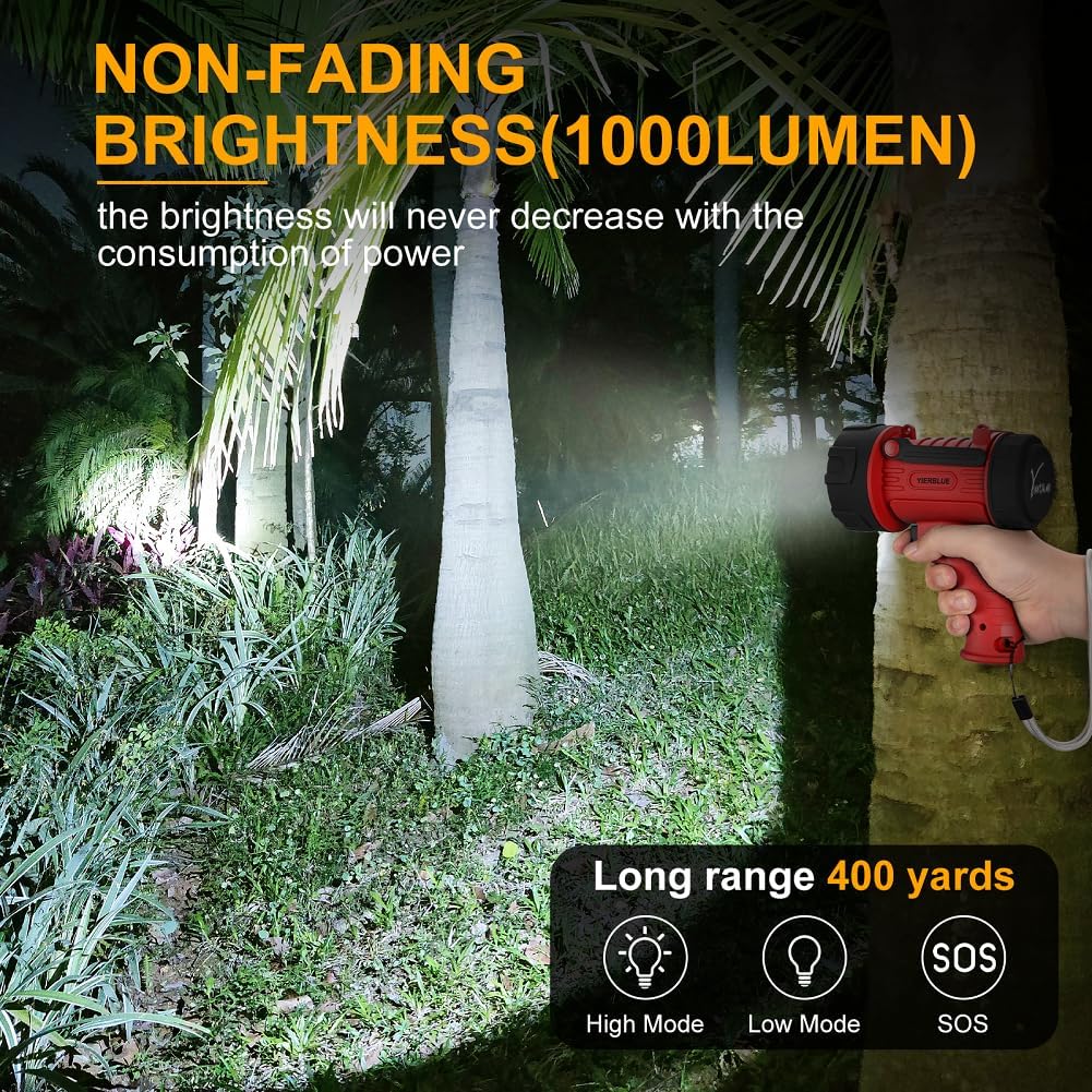 YIERBLUE Rechargeable Spotlight Flashlight with 2000,000 High Lumen LED, IP67 Waterproof Long Running Spot Light searchlight, Impact Resistant Handheld Spotlight with Foldable Stand and Red Lens - Image 2