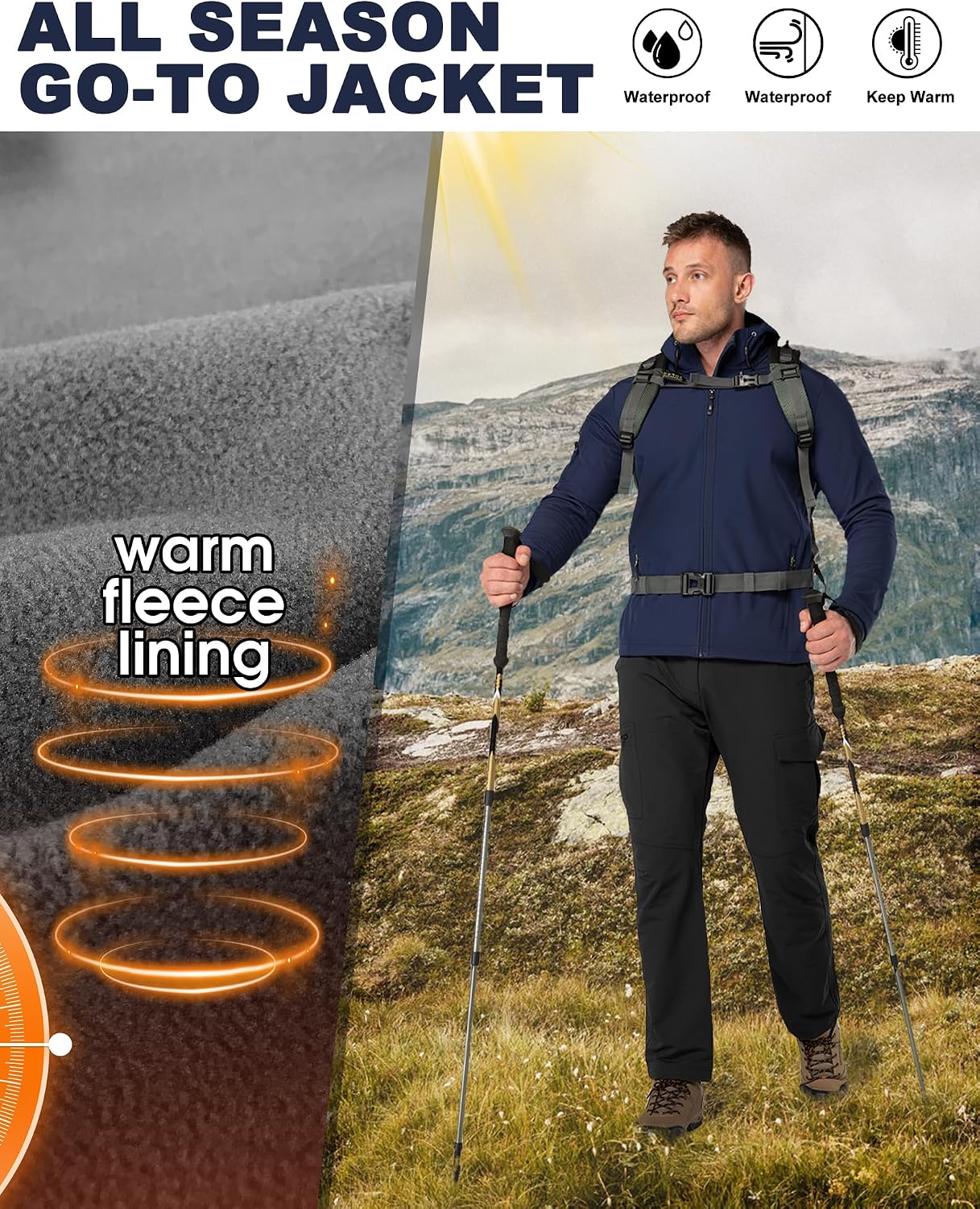 33,000ft Men's Hooded Softshell Jacket Waterproof Lightweight Insulated Windbreaker Fleece Lined Rain Shell Jacket - Image 4