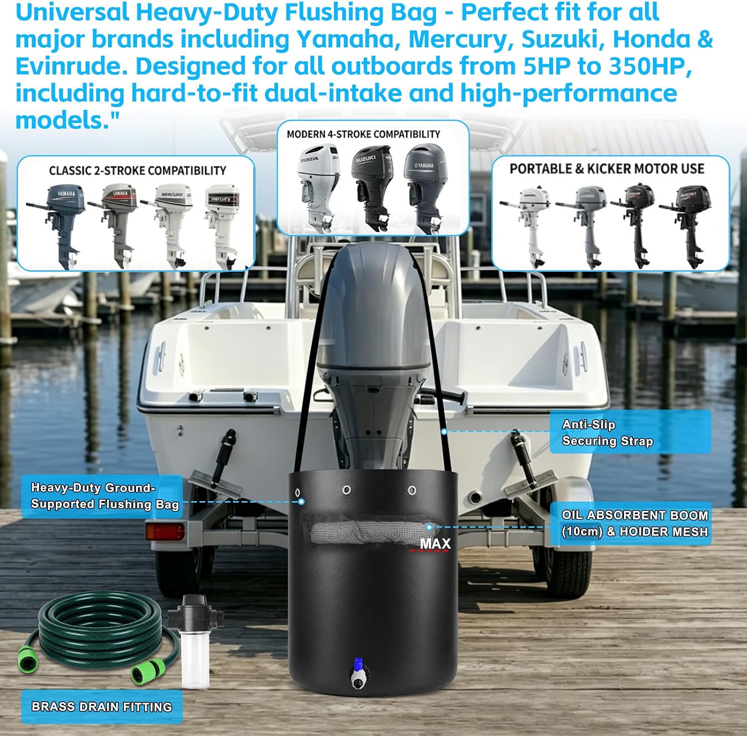 70 Gallon Outboard Motor Flushing Bag with Salt-Removing Mixer & Oil Absorbent Sock, Heavy Duty Boat Engine Flush Kit for Yamaha, Mercury, Suzuki Motors up to 350HP - Image 3
