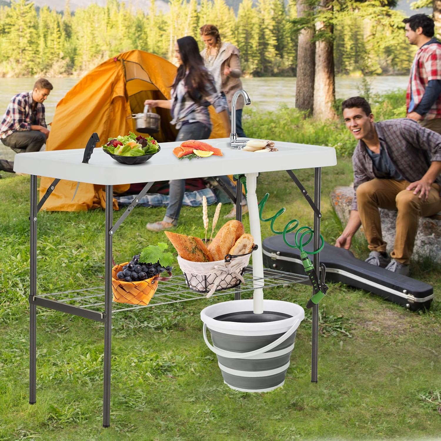 Folding Fish Cleaning Table with Collapsible Bucket, Portable Outdoor Fillet Station Camping Sink Table with Faucet, Drainage Hose & Sprayer, Grid Rack, Knife Groove for Picnic Fishing - Image 2