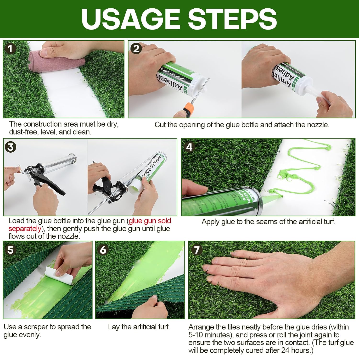 1 Tube of Turf Glue for Artificial Grass, 10 oz Concentrate Lawn Paint, Polymer Adhesive, Polyurethane Based, Weatherproof, Carpet Adhesive for Patio & Garden Synthetic Surfaces (No Caulk Gun) - Image 4