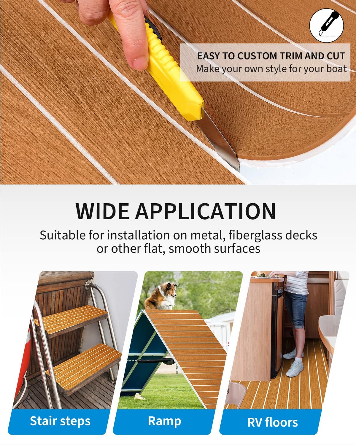 OCEANBROAD EVA Foam Boat Flooring with 3M Adhesive Backing Marine Self-Adhesive Decking 96''x45.6''/36''/28.8''/16.8'', 48''x16.8'' Faux Teak Sheet for Jon Boats Swim Platform Helm Pad RV Floor | Double-layer, Non-Slip, 6 mm Thick Eva Foam, Multiple Sizes and Colors, Easy to Install, For Marine Decking - Image 5