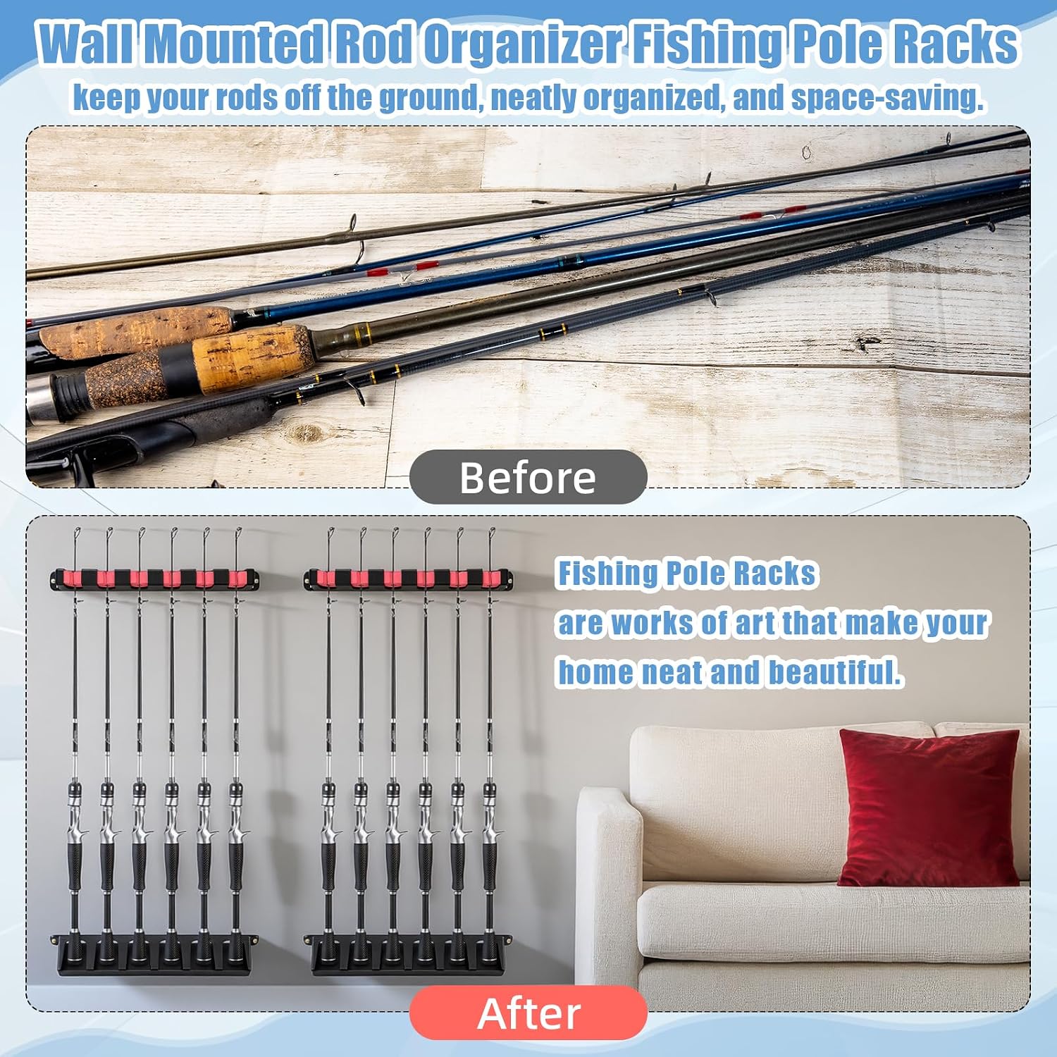 3 Set Fishing Rod Holders for 18 Garage Fishing Rod Rack Wall Mount Fish Pole Holders for Boat Room Vertical Horizontal Pole Storage Boat Accessories Gifts for Men (Vertical) - Image 6