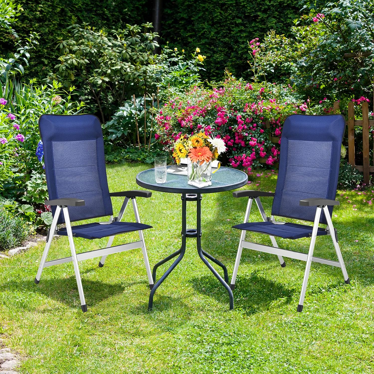 Tangkula Set of 2 Patio Folding Chairs, Portable Reclining Chairs with 7-Position Adjustable Back & Padded Headrest, Outdoor Indoor High Back Chaise Lounge Armchair for Poolside, Yard, Lawn, Navy - Image 8