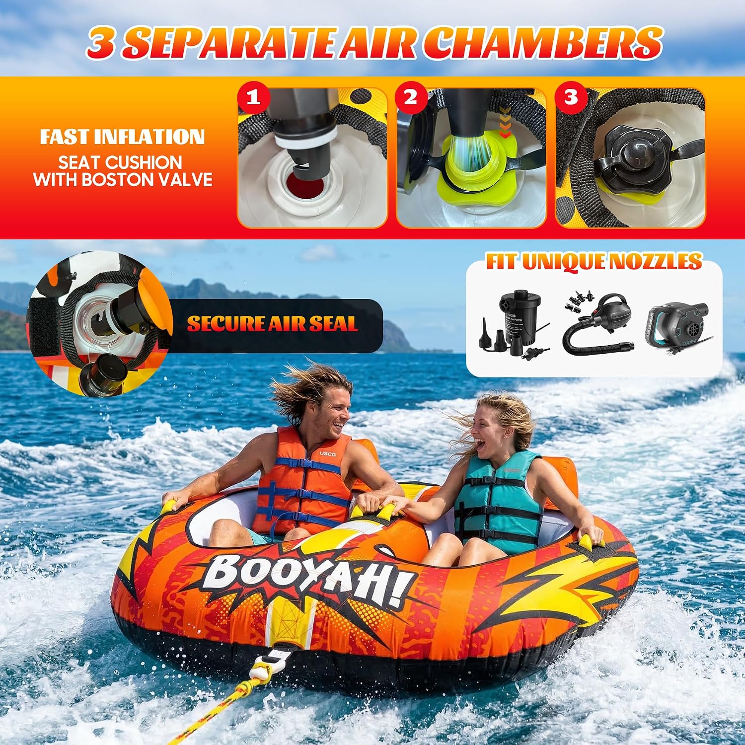 Towable Tubes for Boating Water Tubes - 2 Person Soaring Eagle, Heavy Duty Boat Tubes & Towables, EVA Foam Pads, Drainage, Quick Connector(F-1007)(F-1020) - Image 4