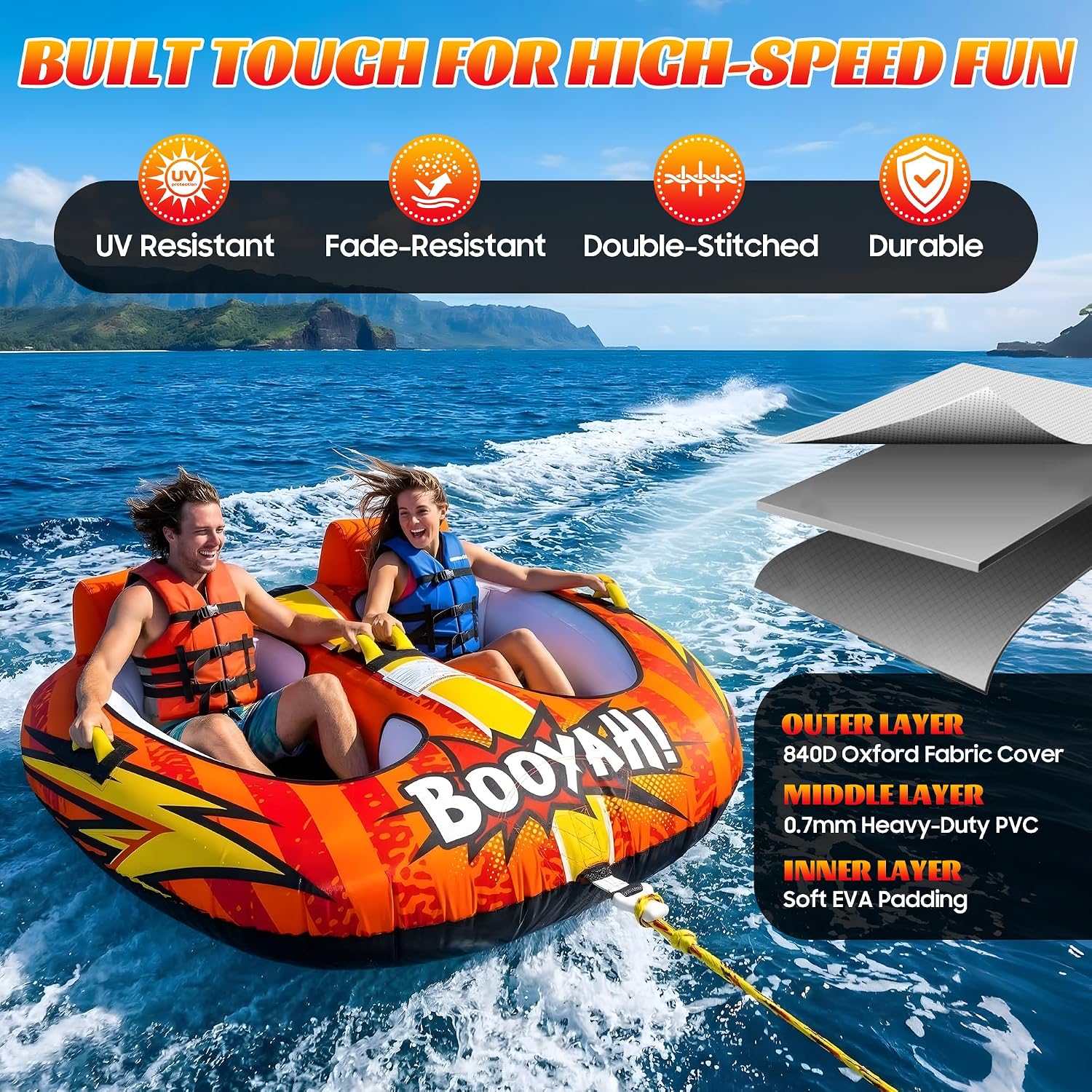 Towable Tubes for Boating Water Tubes - 2 Person Soaring Eagle, Heavy Duty Boat Tubes & Towables, EVA Foam Pads, Drainage, Quick Connector(F-1007)(F-1020) - Image 5