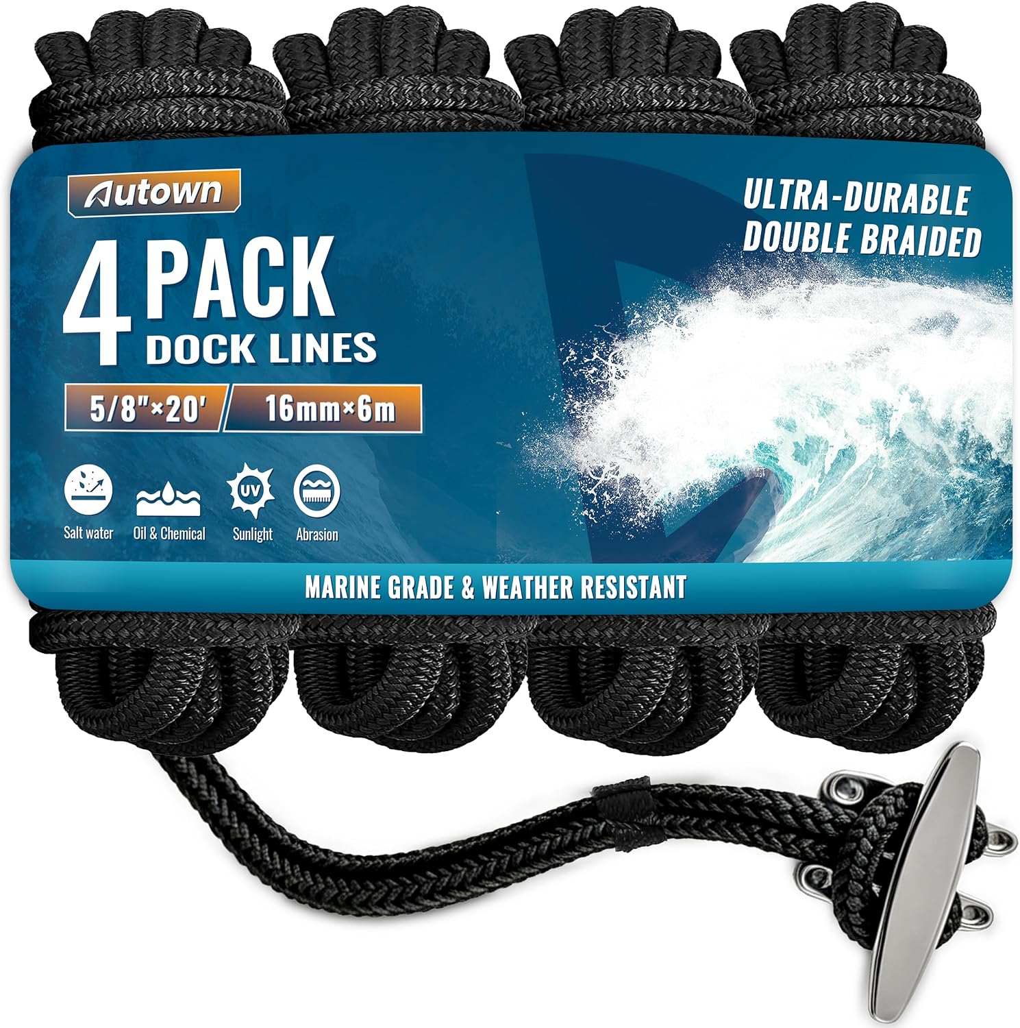AUTOWN 4 Pack 5/8" x 20' Boat Dock Lines, Premium Marine-Grade Double Braided Nylon Dock Line, High Strength Boat Rope for Docking with 12" Loop, Easy Handling, Black