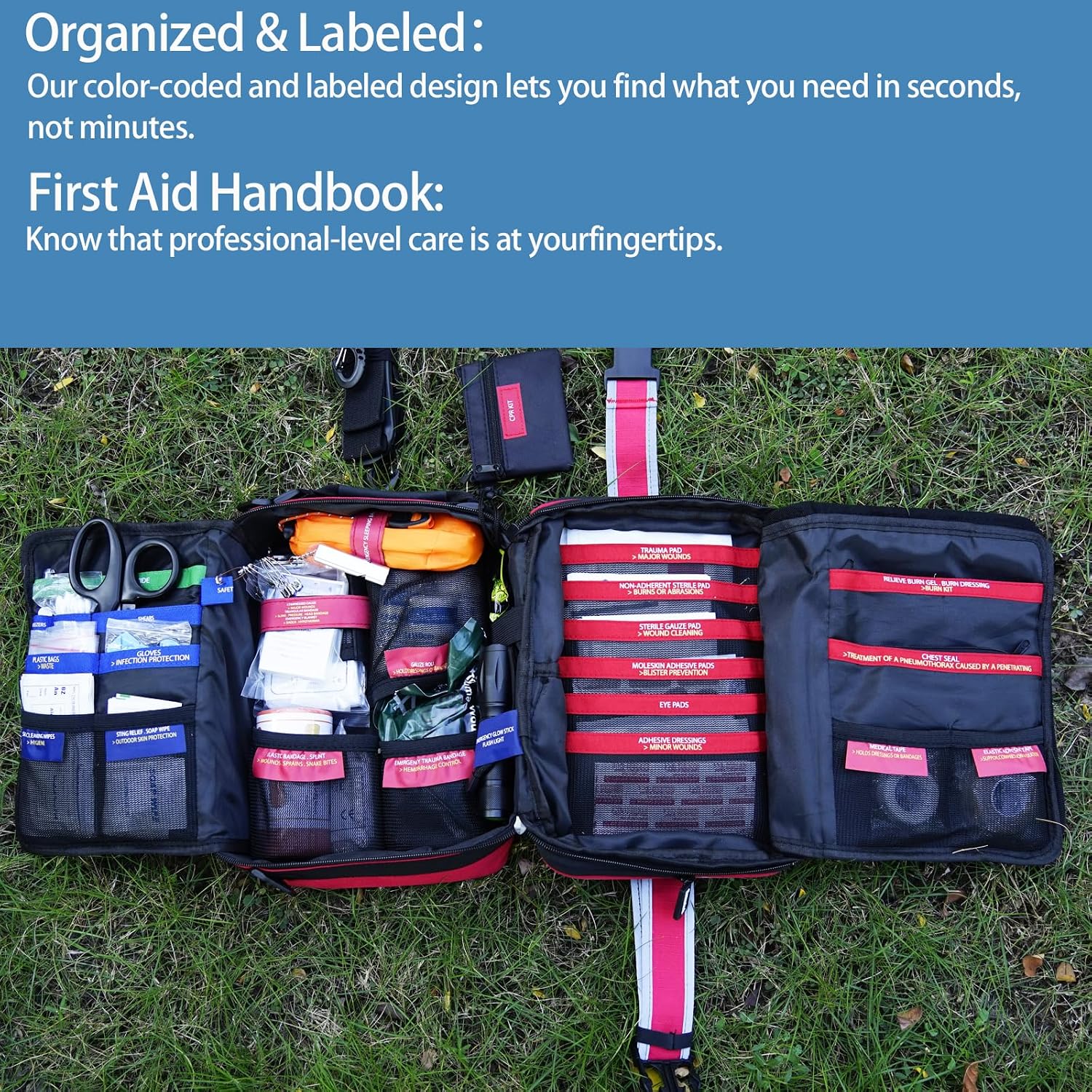 Besst Survivor 401 Pieces First Aid Kit with 2 Chest Seals & Israeli Bandage -Waterproof, Expandable Trauma Bag for Home, Car, Camping, Outdoor Emergency (Labeled Compartments, MOLLE Mountable) - Image 2