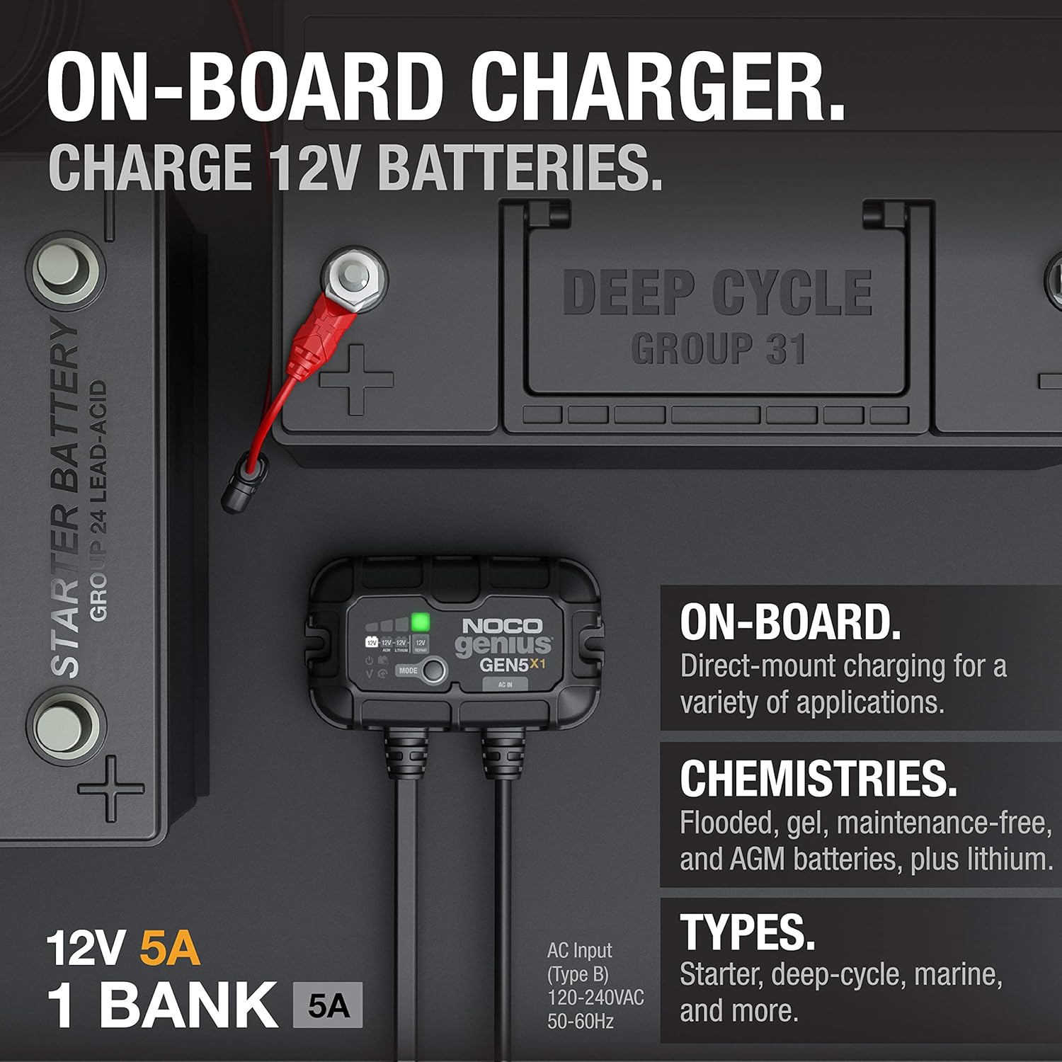 NOCO Genius GEN5X1: 1-Bank, 5A Onboard Battery Charger - 5A Per Bank, 12V Waterproof Marine Charger with Overcharge Protection & Temperature Compensation – for Lead-Acid & Lithium Batteries - Image 2