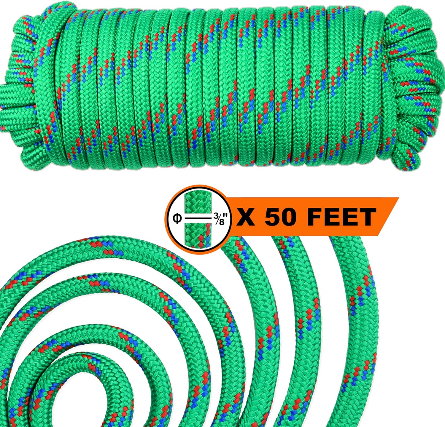 Wellmax Diamond Braid Nylon Rope - 3/8 Inch by 50 Feet Green Color - Extra Strength, Sunlight and Weather Resistant - Heavy Duty Construction - Image 4