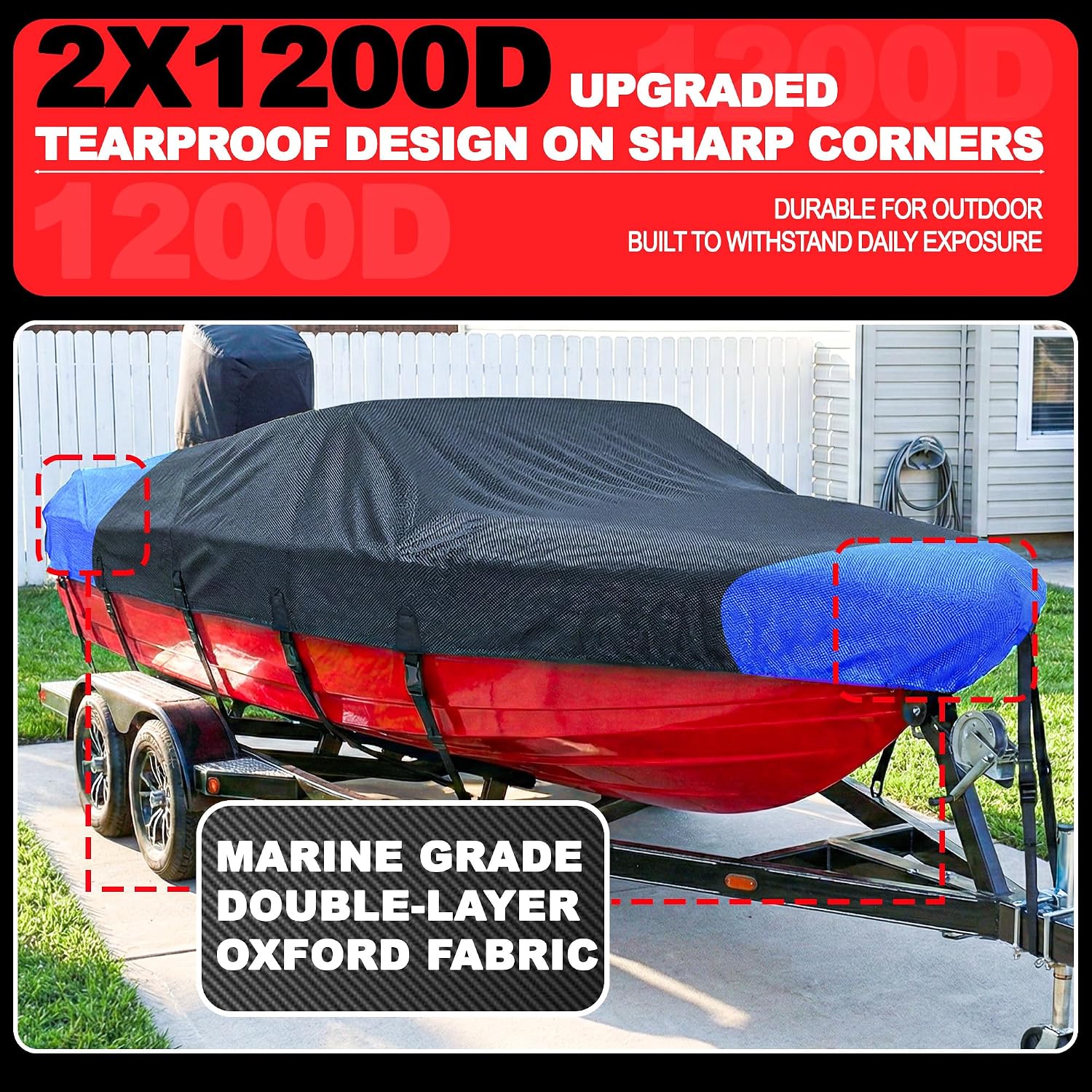 FOCEAN 1200D Boat Covers 15-17ft, Waterproof Heavy Duty Marine Tarp Black Cover, Fits Bass, V-Hull, Tri-Hull, Runabout & Fish Ski Boats with Storage Bag - Image 3