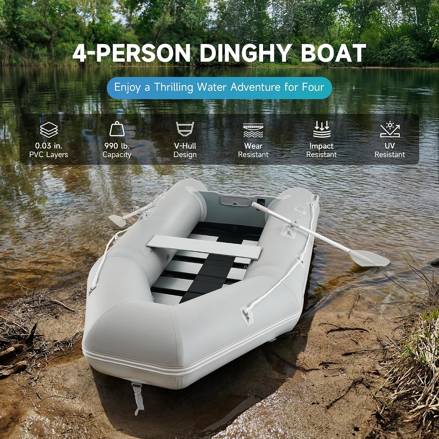 CO-Z 10ft Inflatable Dinghy Boat for 4 Adults, 990lb Capacity Heavy-Duty PVC Raft with Aluminum Floor & Oars, Motor Mount, Kayak-Style Tender for Fishing, Rescue & Water Sports - Image 2