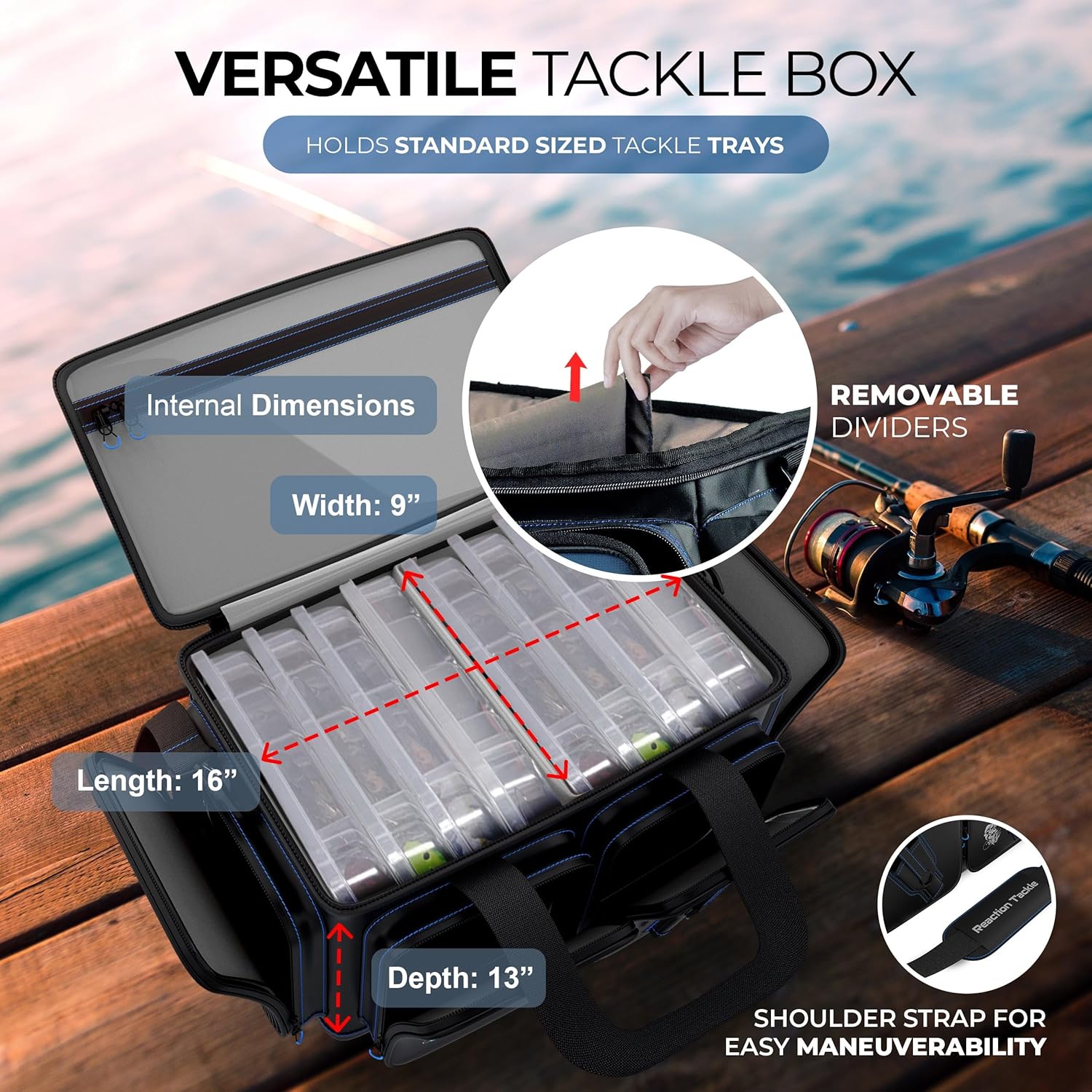 Reaction Tackle Saltwater Fishing Tackle Bags, Water Resistant 1000D PVC Tackle Box Bag with Removable Dividers, Fits 3600 and 3700 Trays, Large - Image 5