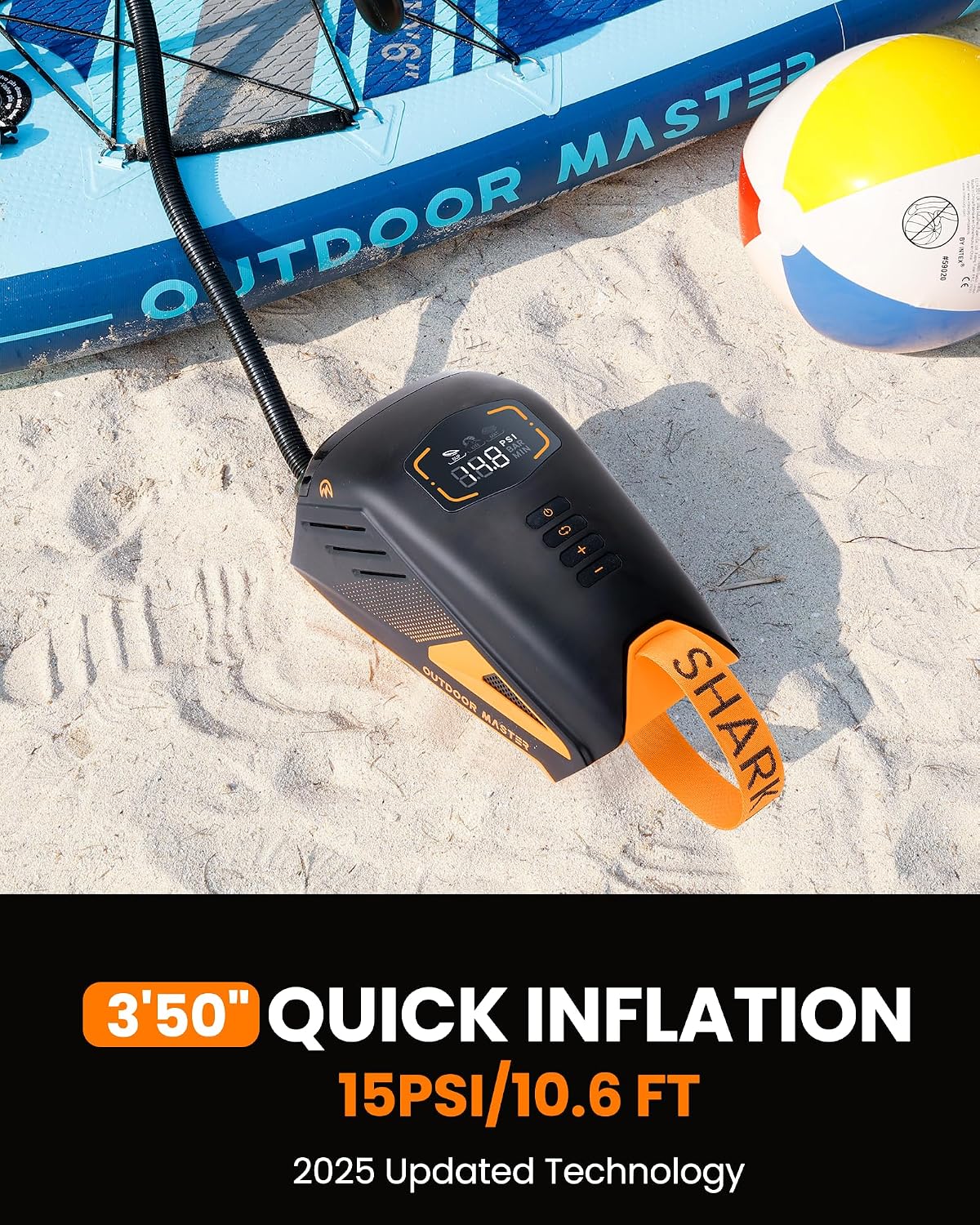 OutdoorMaster Shark 3 Paddle Board Pump Electric - 3'50" Fast Inflation, 20PSI 74Wh Rechargeable SUP Air Pump- Auto-Off & Deflation, 12V/15.8V DC & Type-C Input, 8 Nozzles for Inflatables, Boats,Kites - Image 2