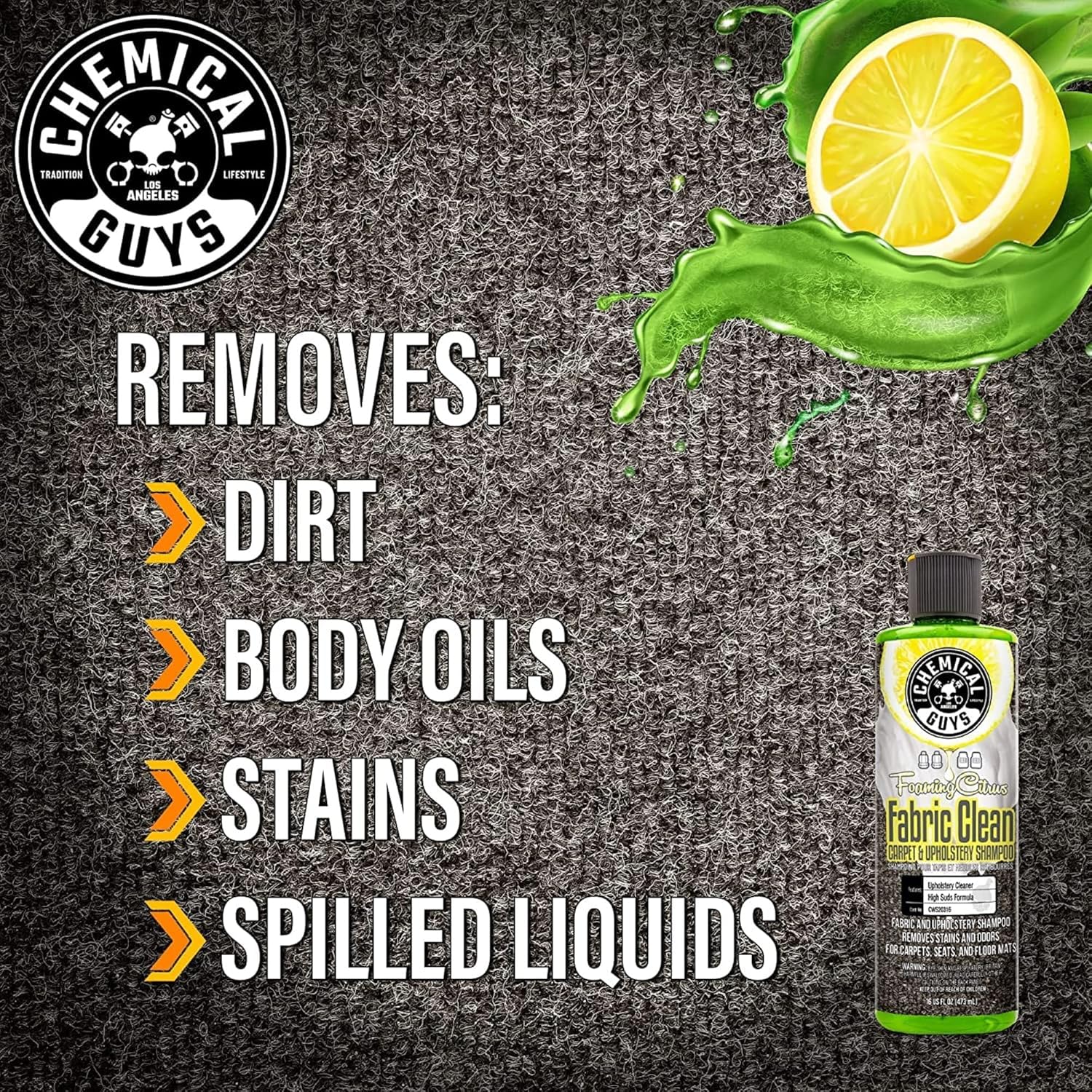 Chemical Guys Foaming Citrus Fabric Clean Drill Brush Kit - High Foaming Stain and Odor Remover, Upholstery, Floor Mat & Car Carpet Cleaner, Deep Cleans & Deodorizes, Citrus Scent - 16 fl oz - Image 8