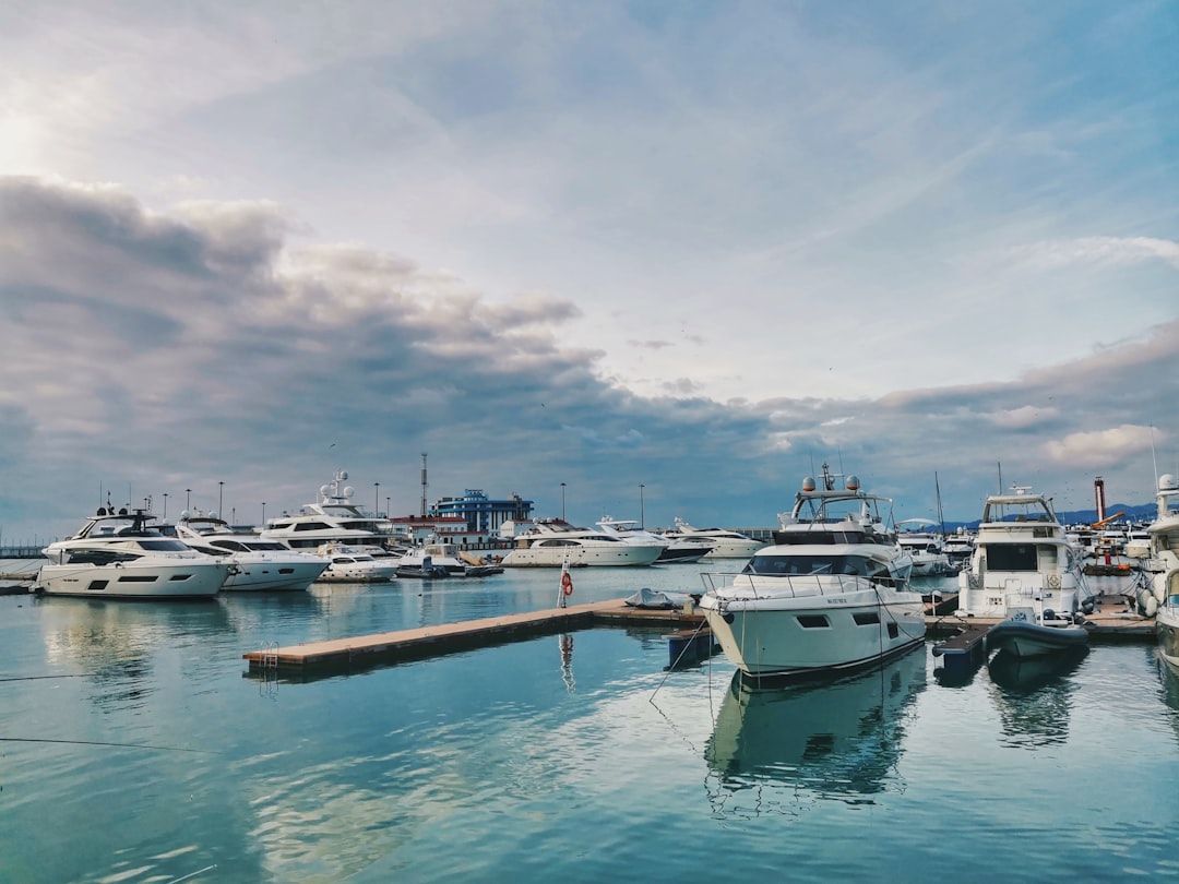 A serene marina scene with boats docked, showcasing proper docking techniques and respectful spacing between vessels.