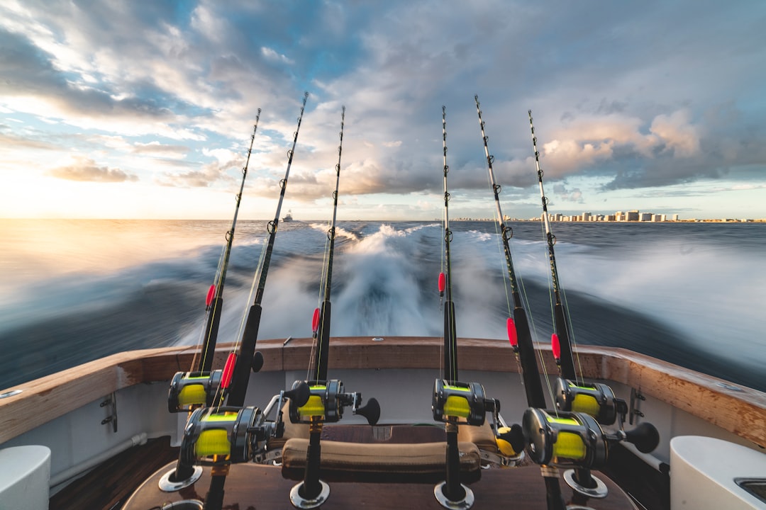 A well-organized fishing boat with gear and equipment neatly arranged, showcasing a comfortable and efficient setup for a day on the water.