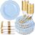 Liacere 350PCS Blue Plastic Plates – Disposable Blue and Gold Plates 50guest Baroque Plastic Dinnerware include 100Plates, 50Pack Pre Rolled Napkins with Silverware 50Cups for Wedding&Party